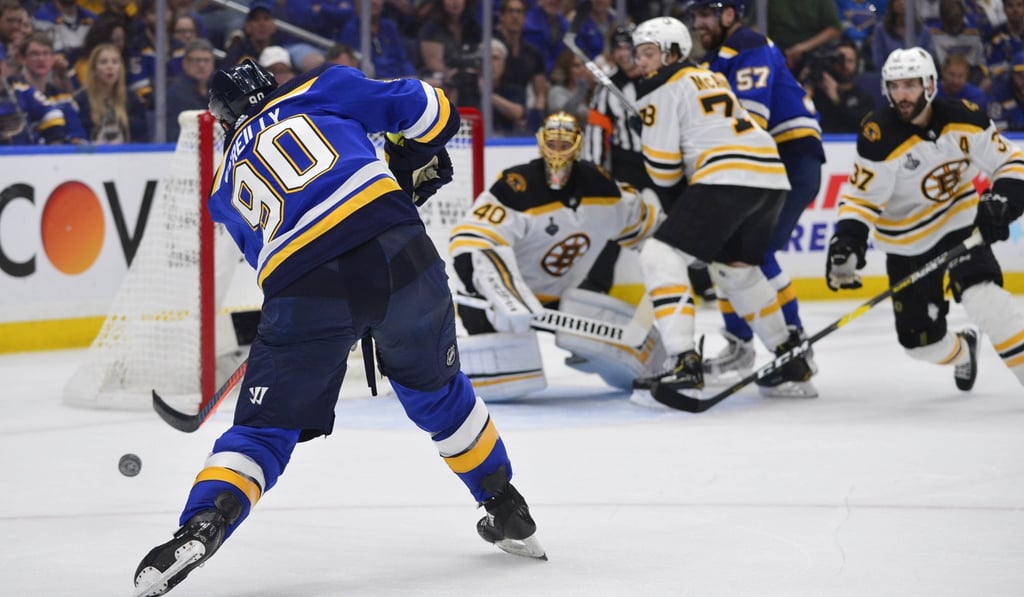 St Louis Blues centre Ryan O’Reilly, who has led the team all series, tries for a goal against Tuukka Rask and the Boston Bruins in game six. Photo: USA Today