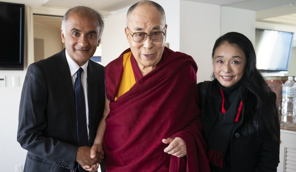 Iyer (left) and Takeuchi (right) with the Dalai Lama. Photo: Pico Iyer