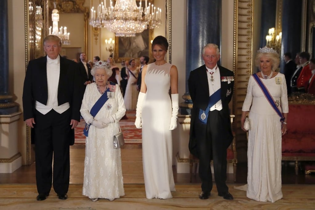 (From left) US President Donald Trump, Queen Elizabeth, First Lady Melania Trump, Prince Charles and Camilla pose ahead of the state banquet at Buckingham Palace on Monday, June 3. Photo: AP (From left) US President Donald Trump, Queen Elizabeth, First Lady Melania Trump, Prince Charles and Camilla pose ahead of the state banquet at Buckingham Palace on Monday, June 3. Photo: AP