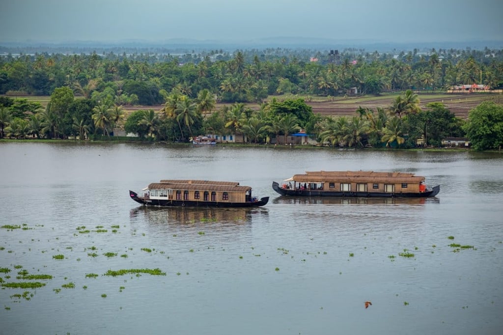 Houseboats cruising along the backwaters of Kerala. Photo: Alamy
