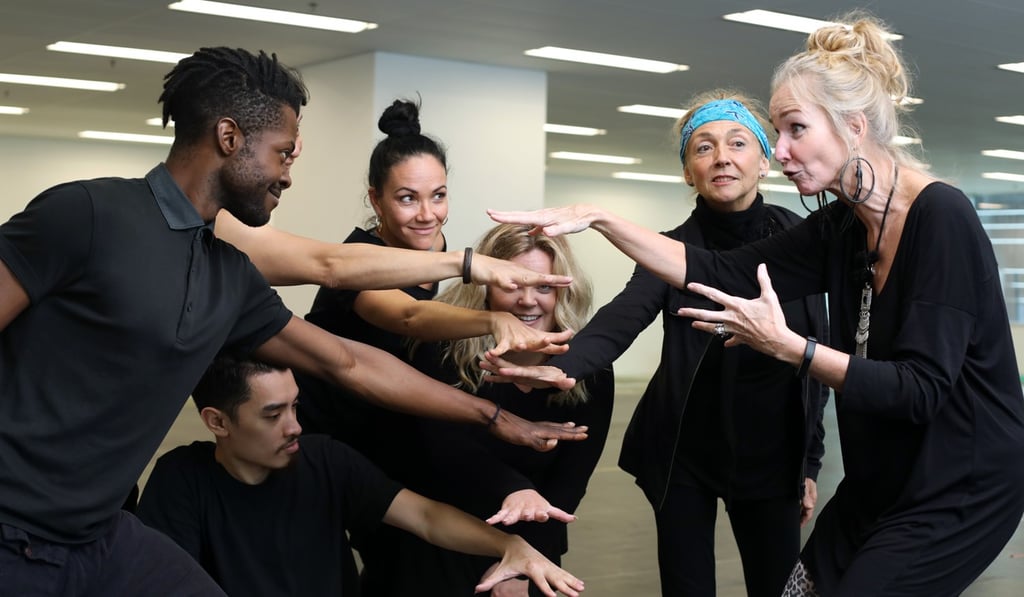 The cast of If Not Me, Who? (from left to right) David Allen, King Wong, Leigh Gibbs, Eimear ‘Mimi’ Burns, Isabelle Corradi and Lindsey McAlister (director), during rehearsals in Quarry Bay. Photo: Xiaomei Chen