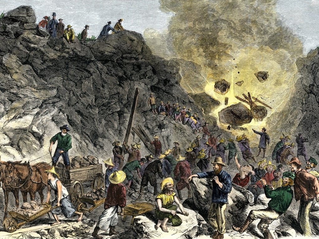 Print of Asian and European immigrant workers clearing the last mile of the transcontinental railroad in 1869. Photo: Alamy