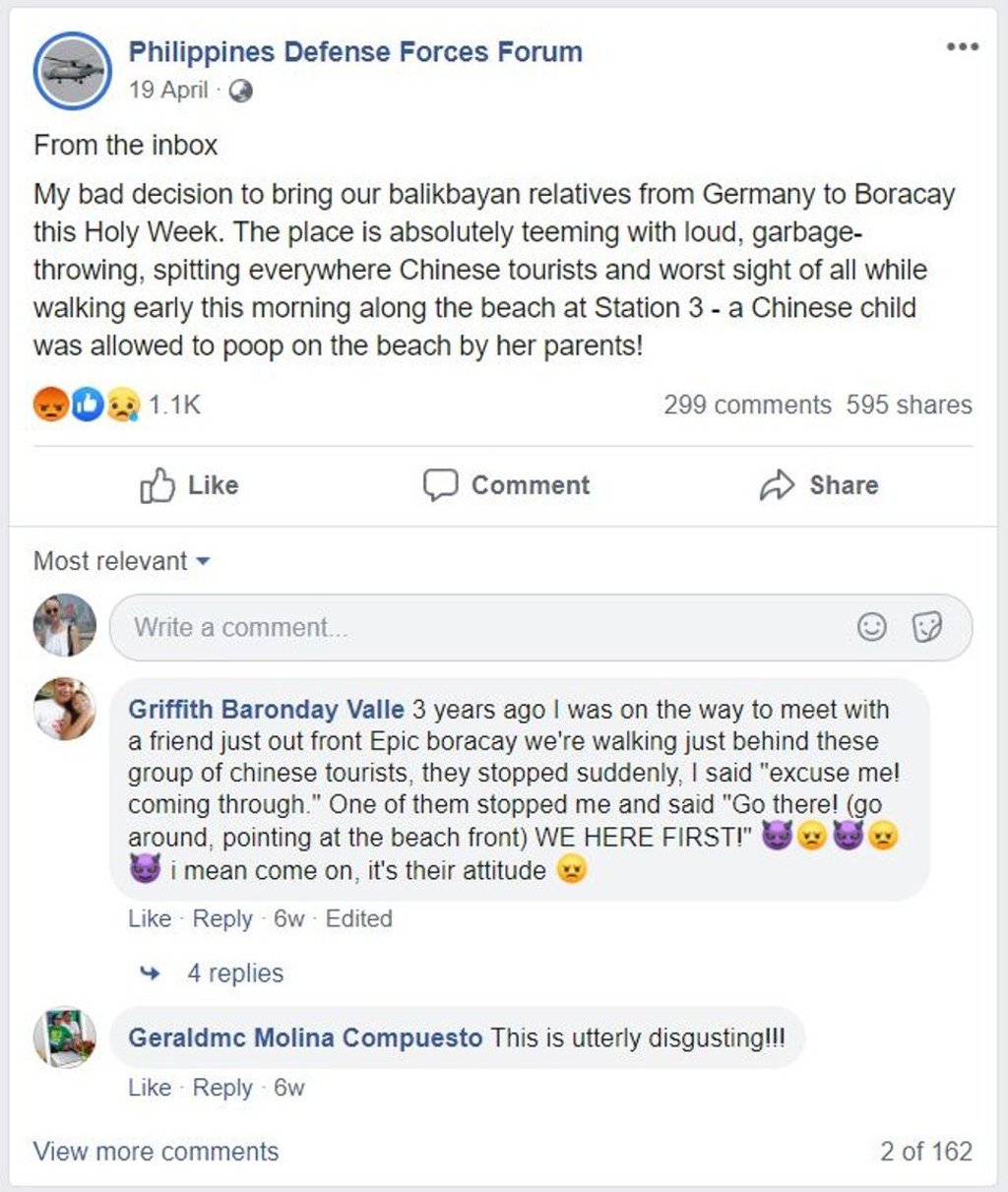 A complaint about Chinese tourists, posted to Facebook in April. Photo: Facebook / @philippinesdefense