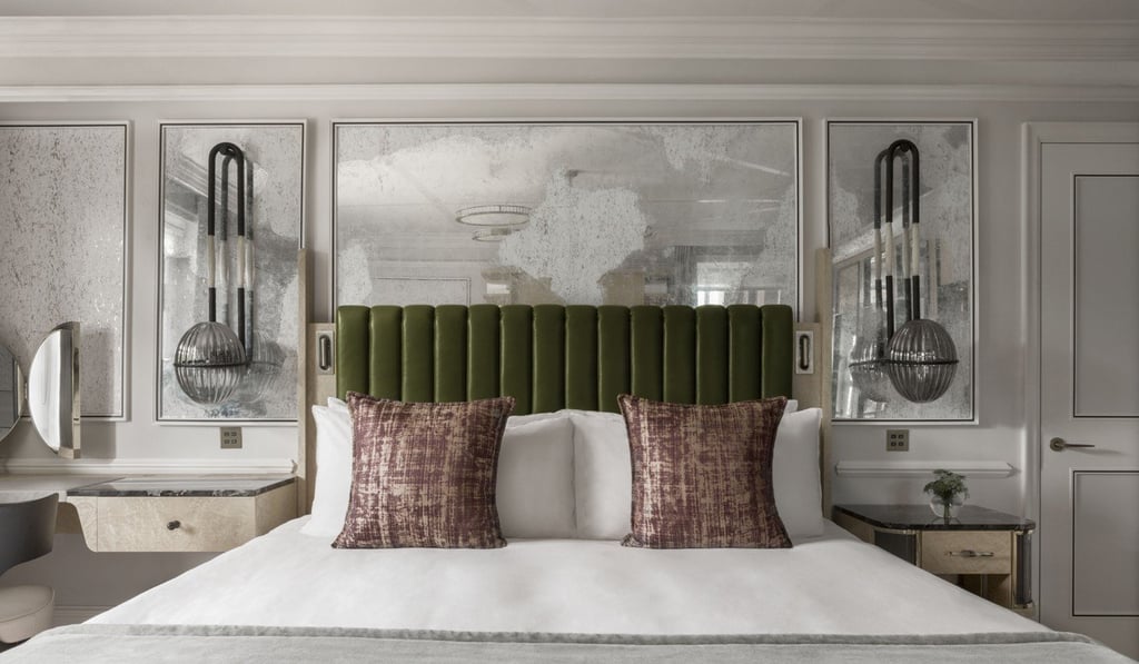 A luxury suite in Mandarin Oriental Hyde Park, London created by Hong Kong-based interior designer Joyce Wang. The bedside sconces resemble jewellery that has been ‘set’. Photo: James McDonald. A luxury suite in Mandarin Oriental Hyde Park, London created by Hong Kong-based interior designer Joyce Wang. The bedside sconces resemble jewellery that has been ‘set’. Photo: James McDonald.
