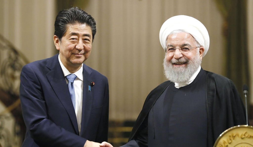 Japanese Prime Minister Shinzo Abe with and Iranian President Hassan Rowhani, whom he met on Wednesday. Photo: Kyoto Japanese Prime Minister Shinzo Abe with and Iranian President Hassan Rowhani, whom he met on Wednesday. Photo: Kyoto