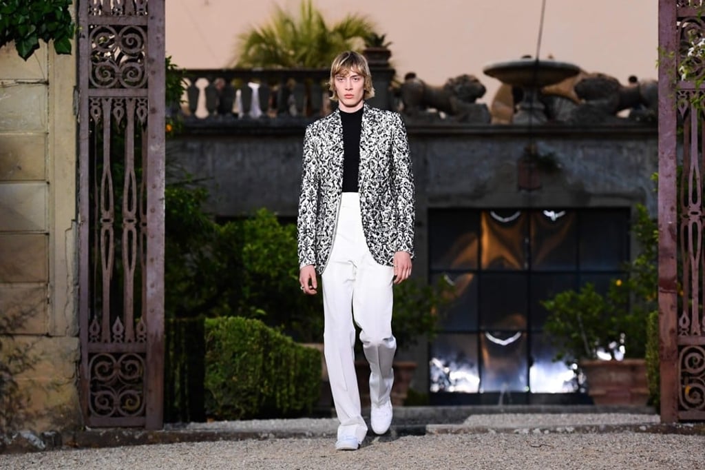 A model displays Givenchy’s new menswear collection at Pitti Uomo in Florence. Photo: AFP