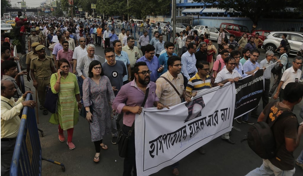 Doctors protesting in Kolkata on Friday. Photo: AP