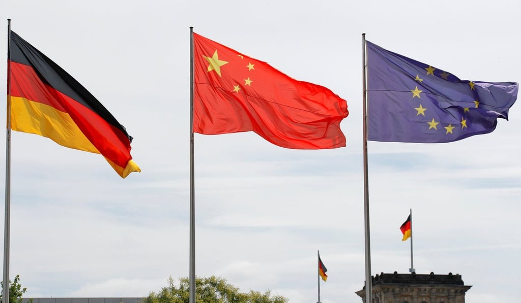 The German, Chinese and EU flags are seen during Chinese Prime Minister Li Keqiang’s July 2018 visit to the chancellery in Berlin. Photo: Reuters
