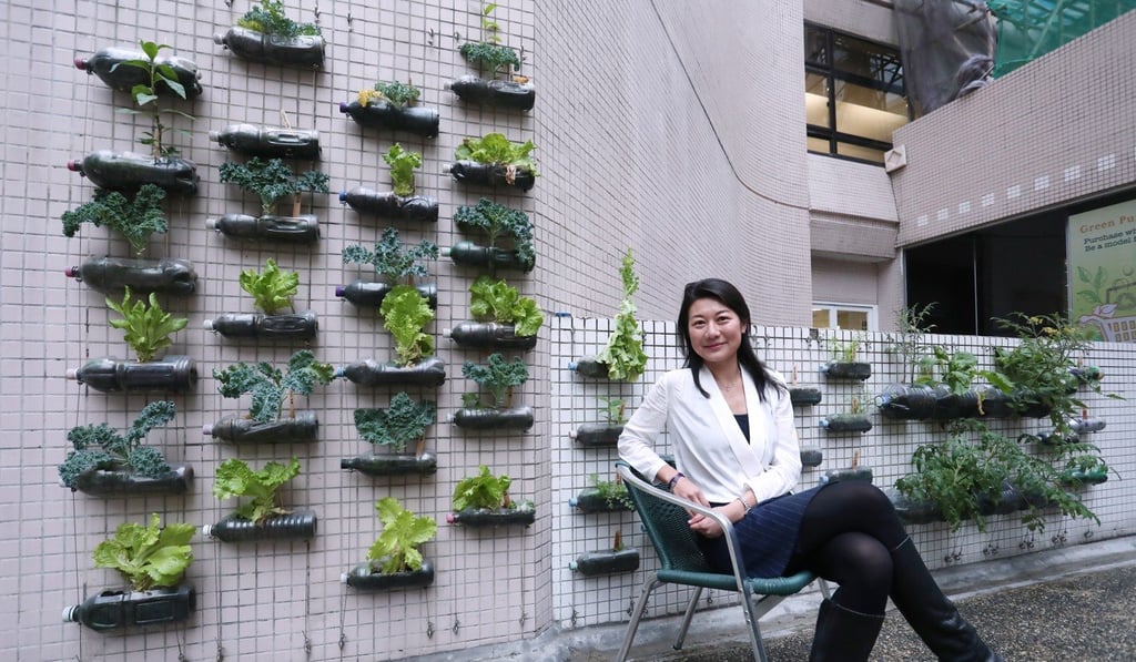 Daisy Tam Dic-sze, a Hong Kong Baptist University environment and agriculture researcher, with a wall of kale and lettuce sprouting out of holes cut into plastic bottles in Hong Kong Baptist University’s Kowloon Tong campus. SCMP / Jonathan Wong