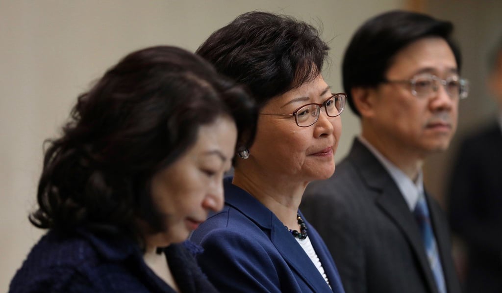 (Left to right) Secretary for Justice Teresa Cheng, Chief Executive Carrie Lam and Secretary for Security John Lee. Lam met her ministers on Friday night to tell them of her decision to pause the bill. Photo: Sam Tsang