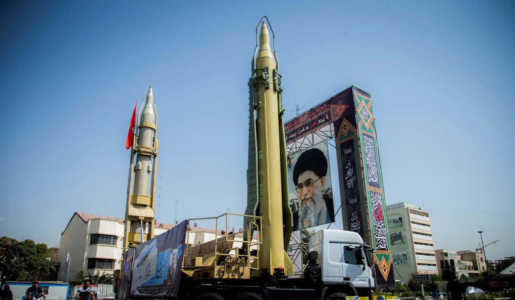 A display featuring missiles and a portrait of Iran’s Supreme Leader Ayatollah Ali Khamenei at Baharestan Square in Tehran. File photo: Reuters