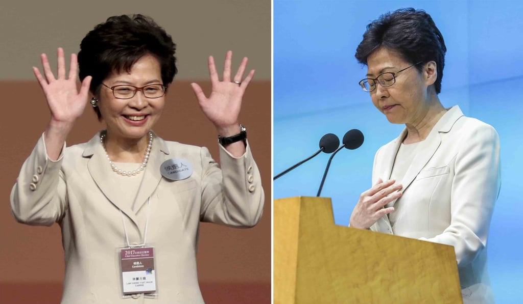 Carrie Lam (left) on her election day in 2017, and apologising for her handling of the extradition bill in 2019. Photo: SCMP Carrie Lam (left) on her election day in 2017, and apologising for her handling of the extradition bill in 2019. Photo: SCMP