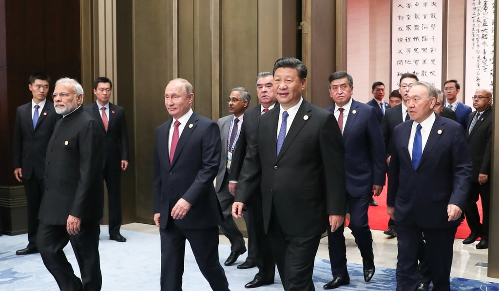 Chinese President Xi Jinping leads other leaders of Shanghai Cooperation Organisation: Russia’s Vladimir Putin and India’s Narendra Modi at the 2018 summit. Photo: Xinhua