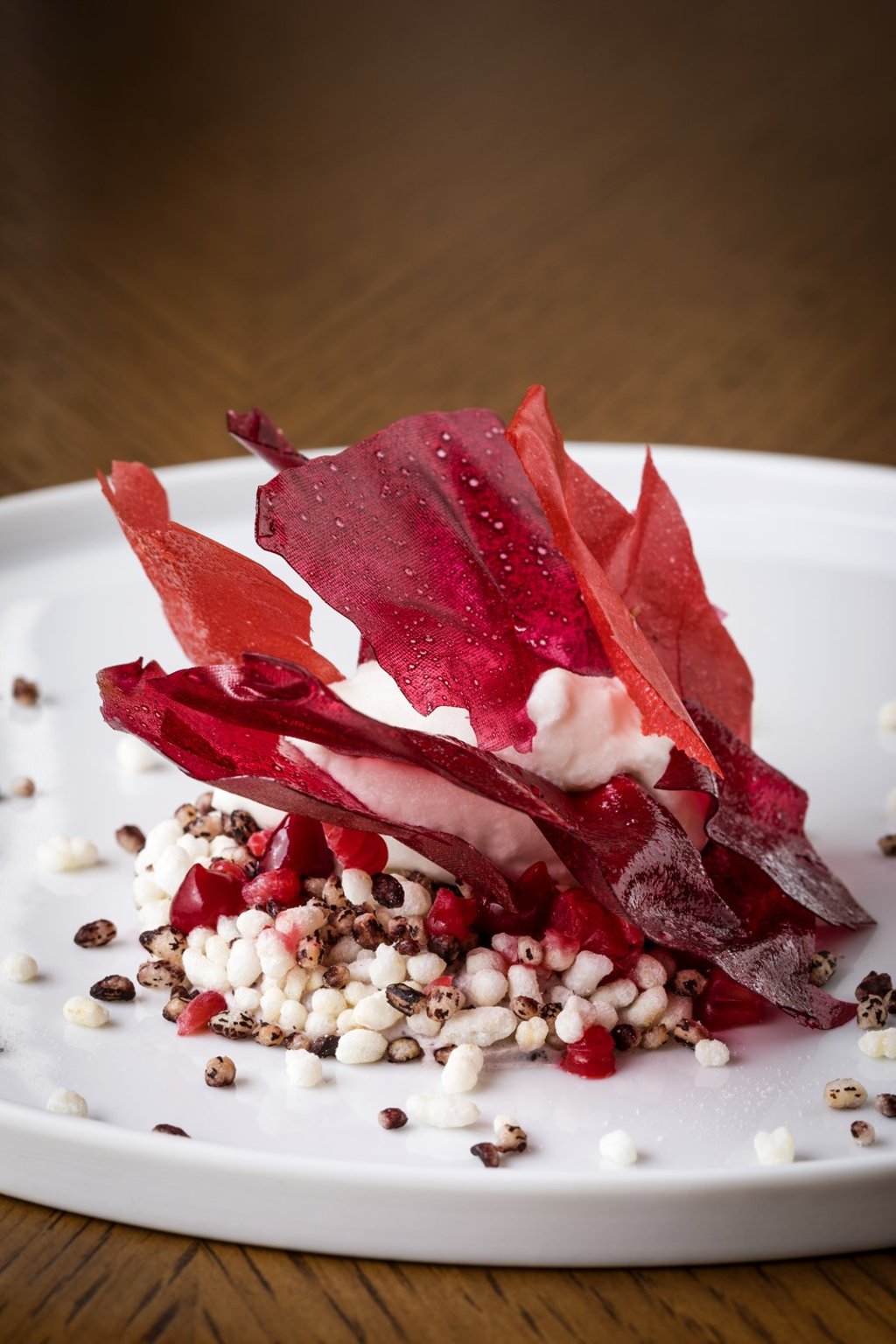 Sake lees, a vegan dessert with raspberry, puffed black Camargue rice