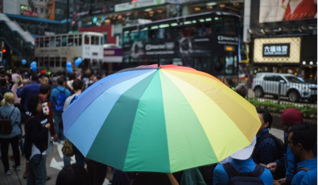 A rainbow coloured umbrella at a Hong Kong Pride march in 2017. Photo: Aaron Tam/AFP