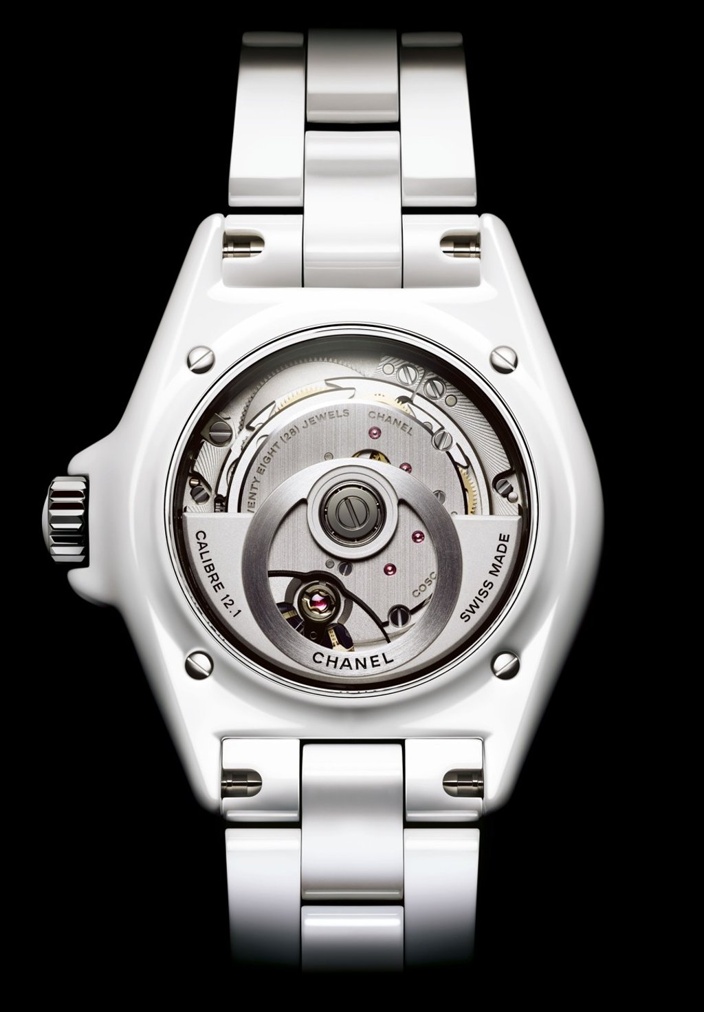 The transparent back of Chanel’s J12 diving watch reveals the Calibre 12.1 movement.
