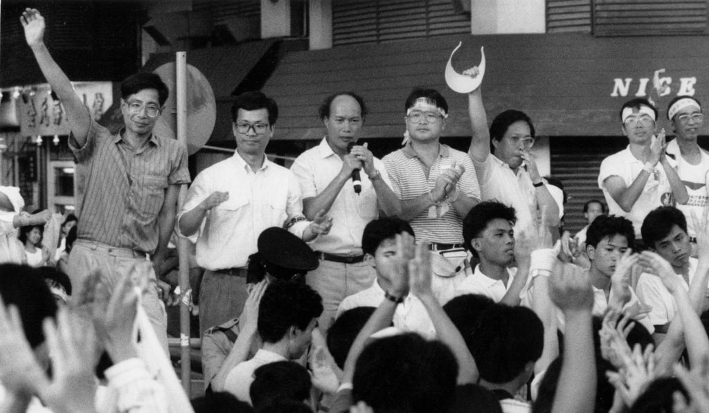 Demonstrators at a pro-democracy rally at the Island Eastern Corridor include Martin Lee Chu-ming (far left) and (from fifth left), Albert Ho Chun-yan, Cheung Man-kwong and Szeto Wah, in May 1989. Days before, China declared martial law as students faced down the authorities in Beijing. Photo: SCMP
