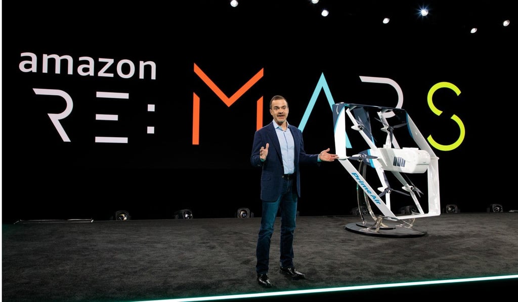 Amazon Worldwide Consumer CEO Jeff Wilke unveiling Amazon’s latest Prime Air drone design earlier this month. Photo: EPA