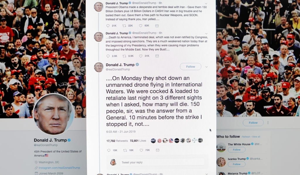 A series of tweets written by US President Donald Trump regarding a retaliatory attack on Iran. Photo: Reuters