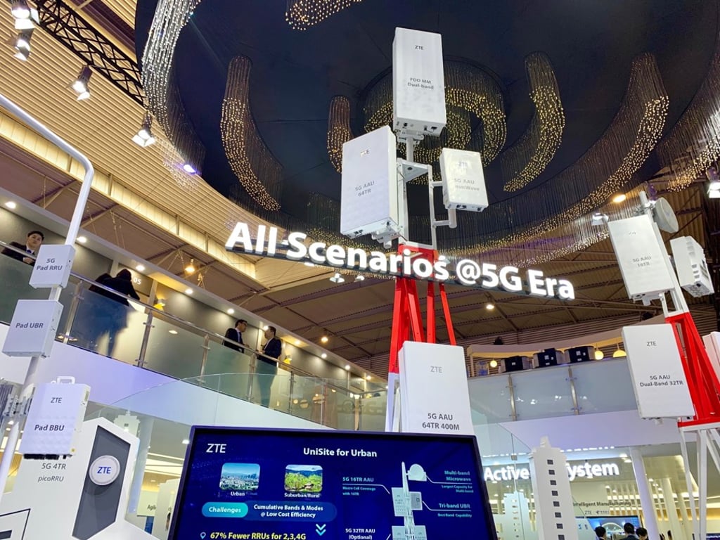 Telecommunications equipment maker ZTE Corp displays its range of 5G mobile base stations inside its booth at MWC Barcelona 2019 in February. Photo: Bien Perez