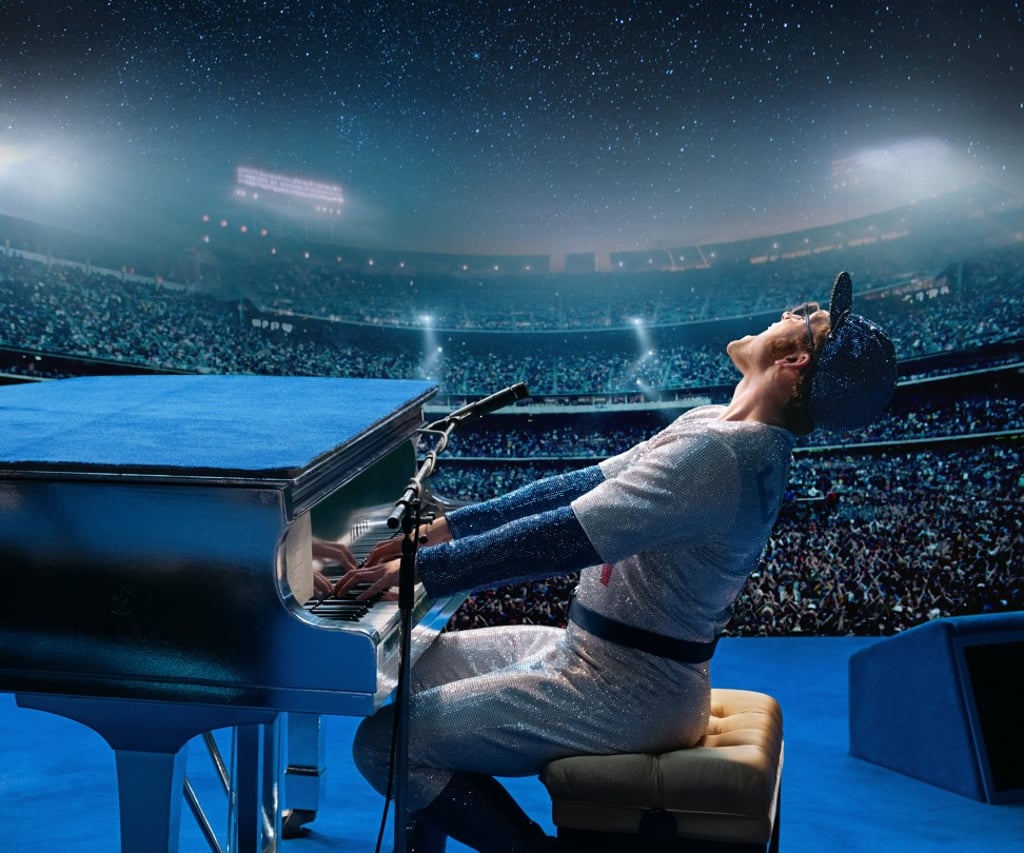 Taron Egerton wears a Dodgers baseball uniform, covered in 140,000 Swarovski crystals, as Elton John in the biopic Rocketman. Photo: David Appleby/Paramount Pictures.