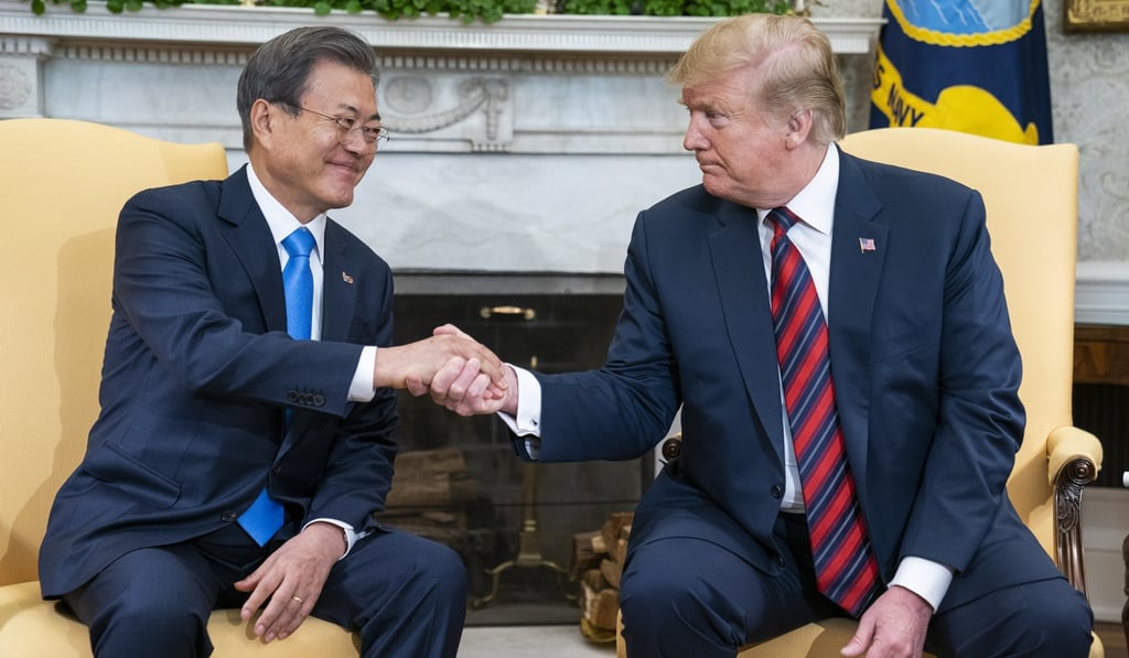 US President Donald Trump welcomes South Korean President Moon Jae-in to the Oval Office in April. Photo: EPA-EFE