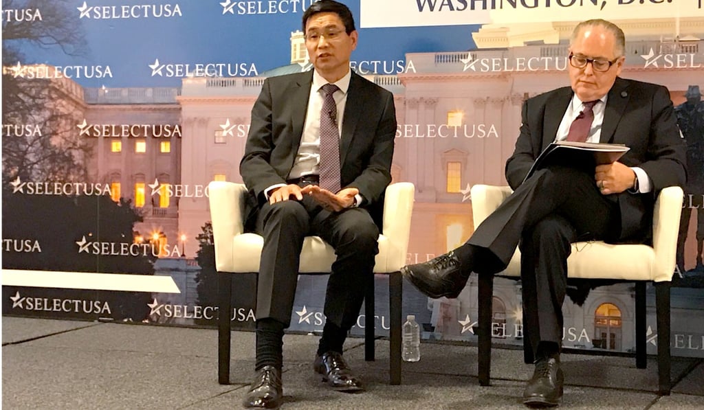 Charlie Yao, left, president and chief executive of YCI Methanol One, speaks at an investment conference in Washington, earlier this month. Photo: Handout