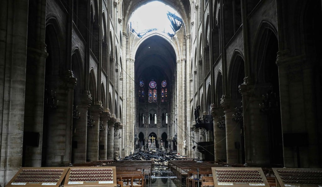 An interior view of the Notre-Dame Cathedral in Paris in the aftermath of the fire. Photo: AFP