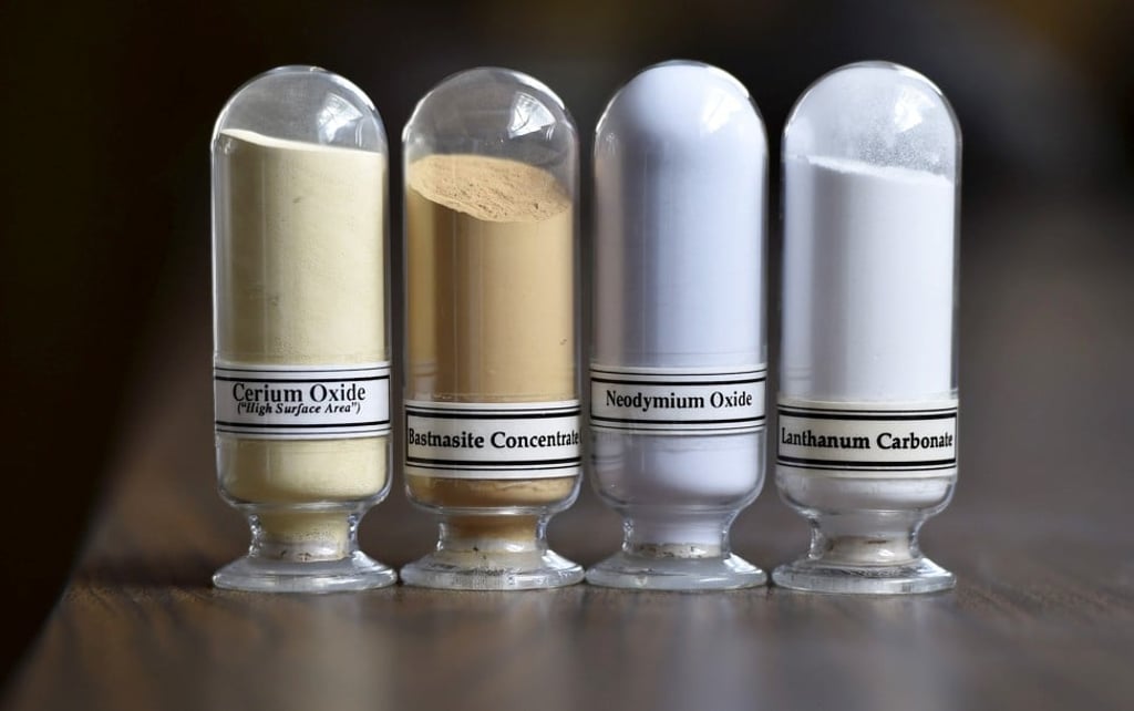 From left, samples of cerium oxide, bastnaesite concentrates, neodymium oxide and lanthanum carbonate at the Mountain Pass rare earths mine in California. Photo: Reuters From left, samples of cerium oxide, bastnaesite concentrates, neodymium oxide and lanthanum carbonate at the Mountain Pass rare earths mine in California. Photo: Reuters