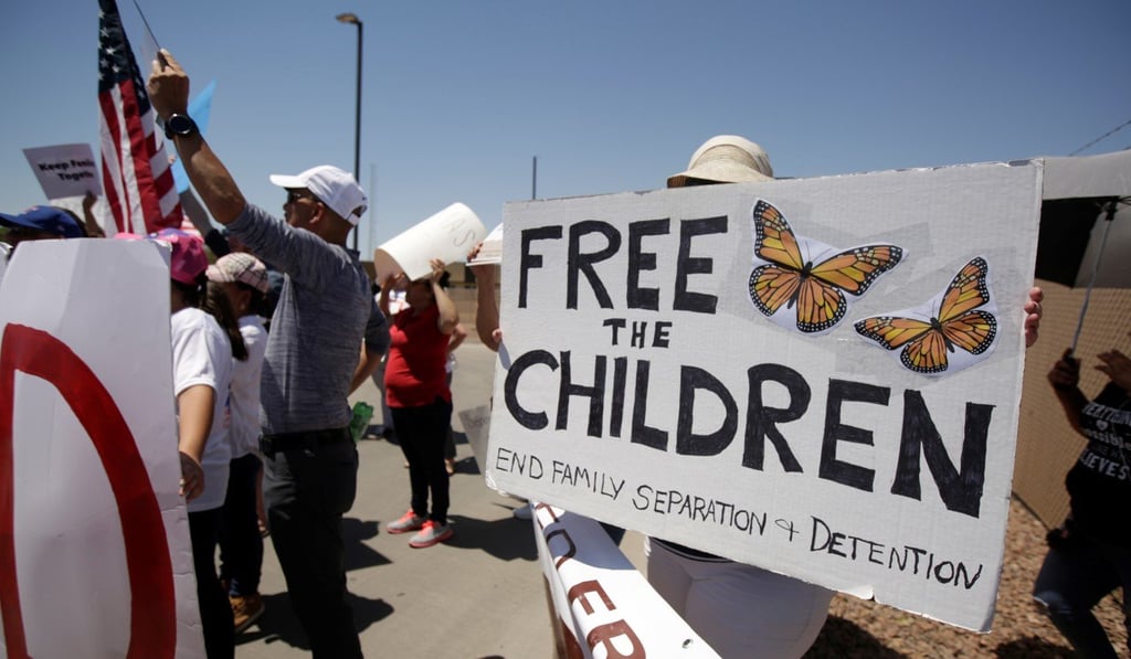 Activists hold a protest against the treatment of children in immigration detention outside US Customs and Border Protection's Border Patrol station facilities in Clint, Texas, on Thursday. Photo: Reuters