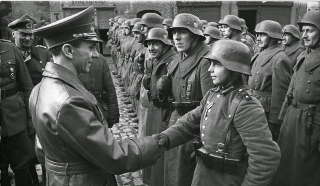 Nazi propaganda minister Joseph Goebbels with German soldiers, in 1945. Photo: Alamy