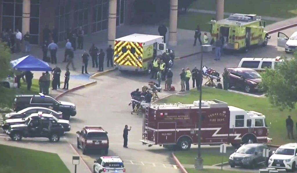 Emergency personnel and law enforcement officers respond after an active shooter was reported at Santa Fe High School in May 2018. Photo: KTRK-TV ABC13 via AP