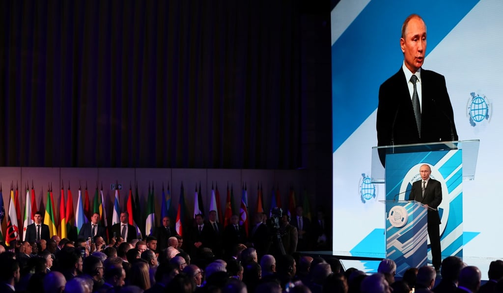 Russian President Vladimir Putin delivering a speech in Moscow on Wednesday. Photo: Reuters