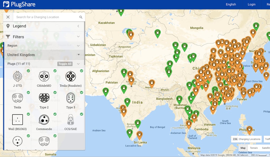The PlugShare app map showing electric vehicle charging locations across Asia.