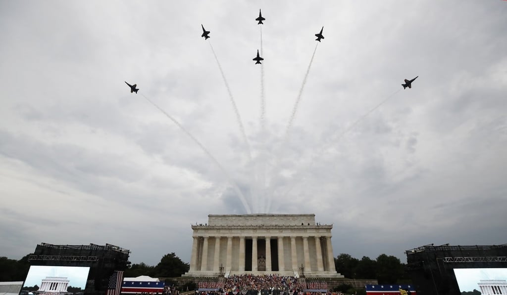 The US Navy Blue Angels do a flyover at the Independence Day celebration in front of the Lincoln Memorial on Thursday. Photo: AP The US Navy Blue Angels do a flyover at the Independence Day celebration in front of the Lincoln Memorial on Thursday. Photo: AP