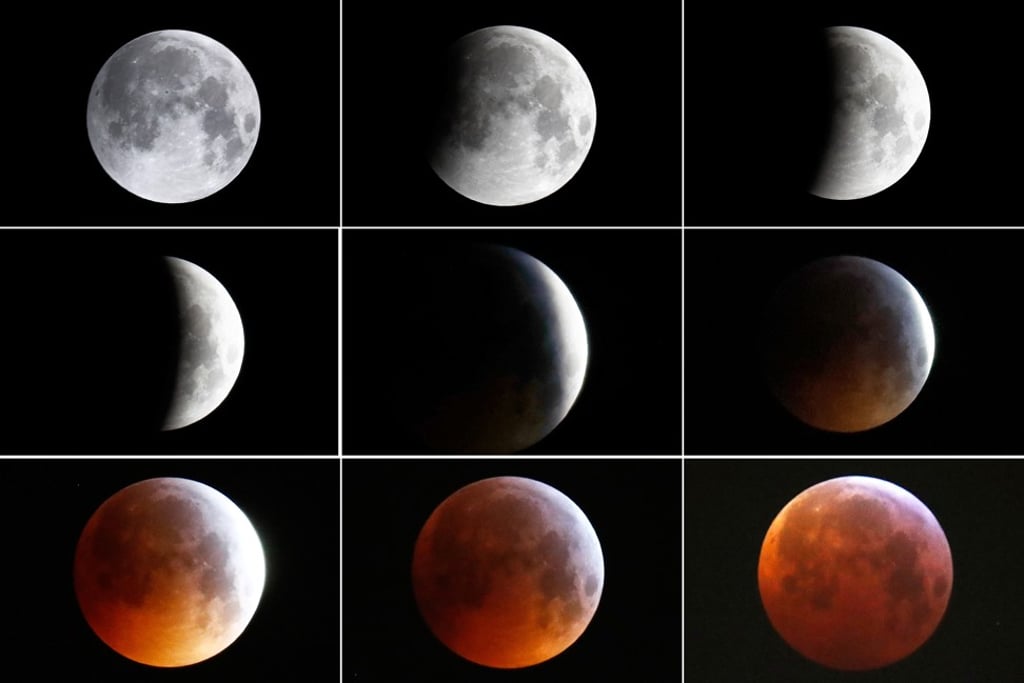 Nine pictures show the full moon turning into the “super blood wolf moon” during a total lunar eclipse in Frankfurt, Germany, January 21, 2019. Photo: Reuters