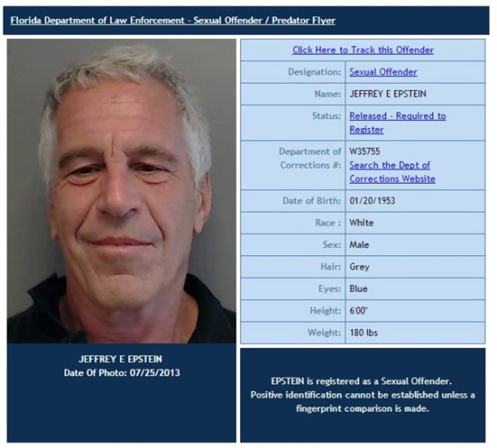 Jeffrey Epstein’s profile on the Florida sex offender registry. Photo: handout