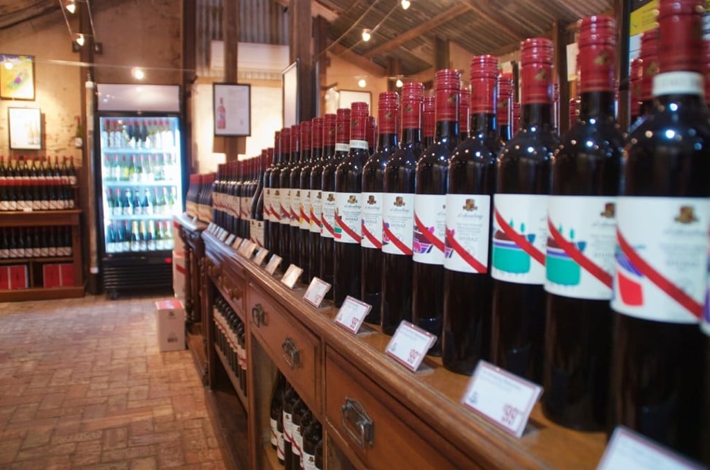 Bottles of d’Arenberg wine for sale inside the cube. Photo: Peter Neville-Hadley Bottles of d’Arenberg wine for sale inside the cube. Photo: Peter Neville-Hadley
