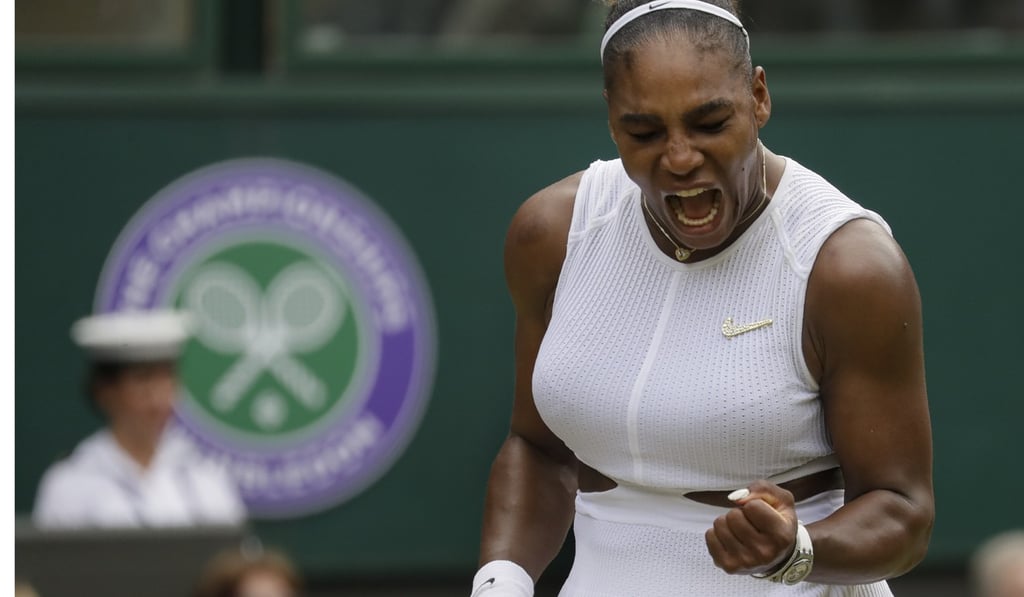 Serena Williams gets pumped up during her match against fellow American Alison Riske at Wimbledon. Photo: AP Serena Williams gets pumped up during her match against fellow American Alison Riske at Wimbledon. Photo: AP