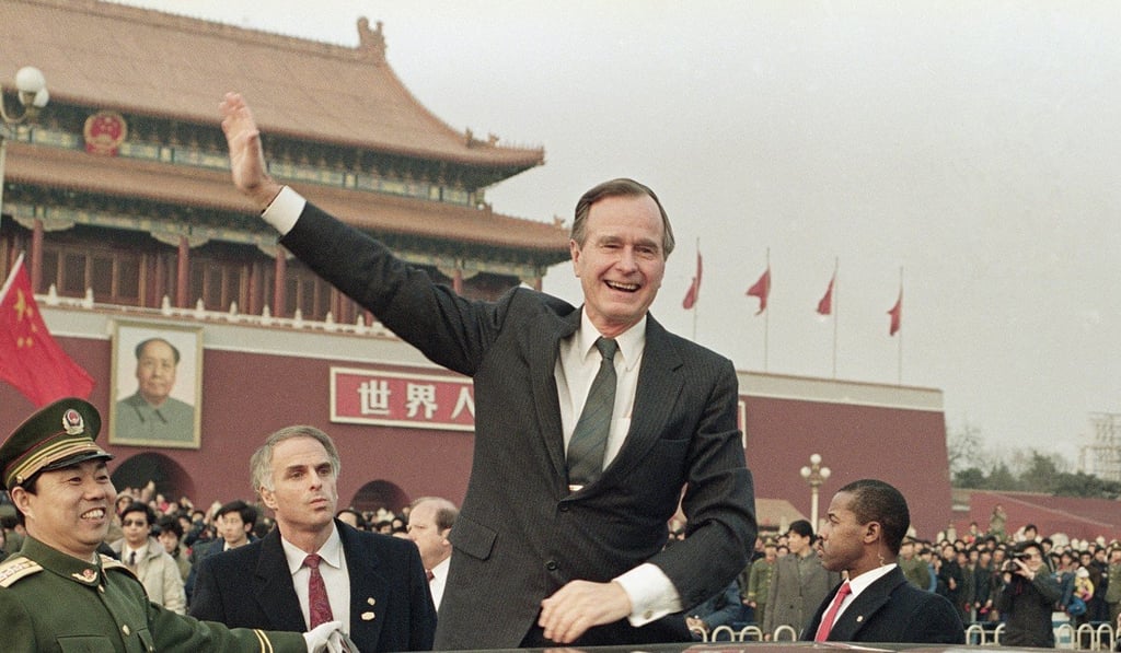 Then US president George H.W. Bush waves to crowds in Tiananmen Square in Beijing in February 1989. Photo: AP
