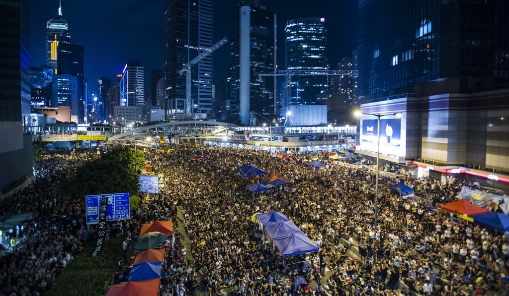 Pro-democracy supporters gather in Admiralty on October 10, 2014, to push for universal suffrage. Photo: AFP