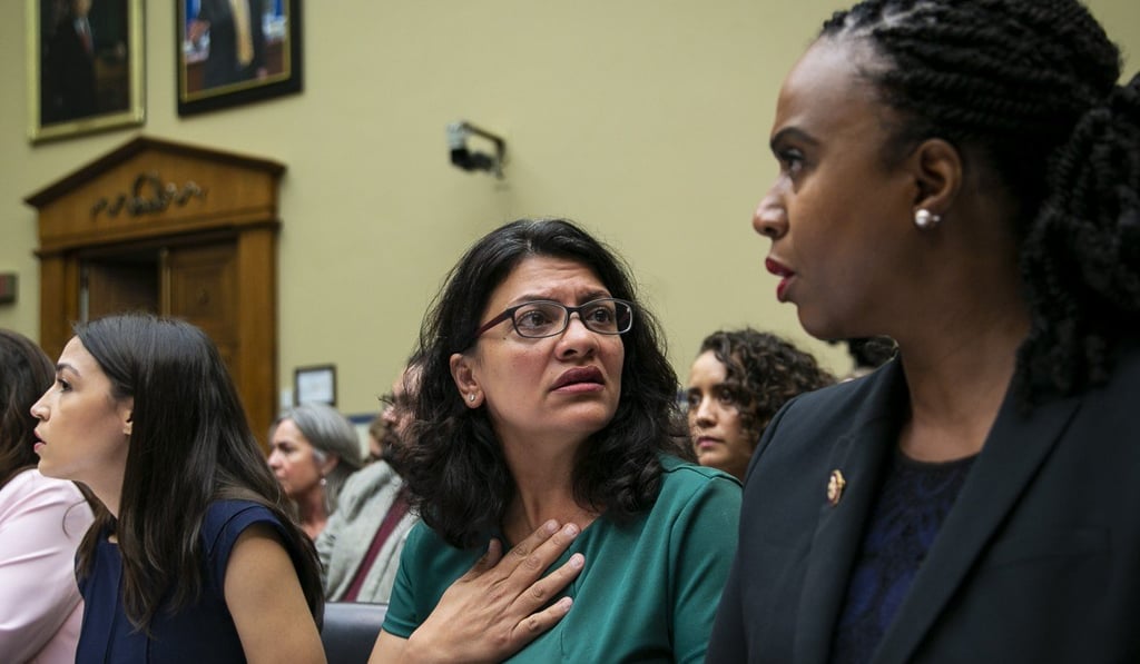 Representative Ayanna Pressley, a Democrat from Massachusetts, from right, Representative Rashida Tlaib, a Democrat from Michigan, Representative Alexandria Ocasio-Cortez, a Democrat from New York. Photo: Bloomberg