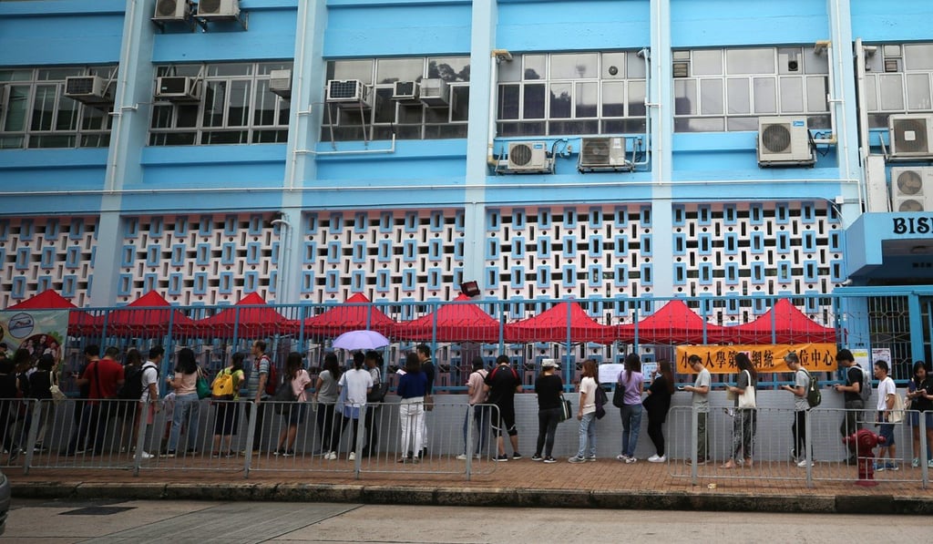 Parents and children lining up outside the Bishop Walsh Primary School in Kowloon City for the Primary One allocation results, in June. Photo: Winson Wong