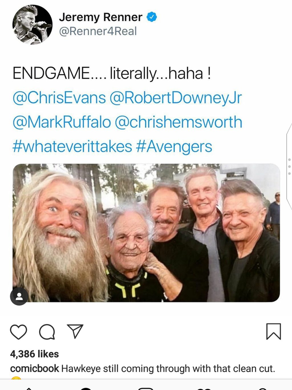 Actor Jeremy Renner posted an image of FaceApp-ed Avengers on Instagram. Source: Instagram