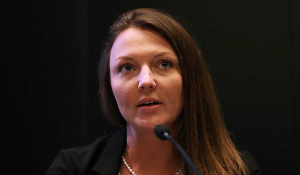 Courtney Wild, who says she was abused by Jeffrey Epstein when she was a minor, speaks at a news conference in New York on Tuesday. Photo: AFP