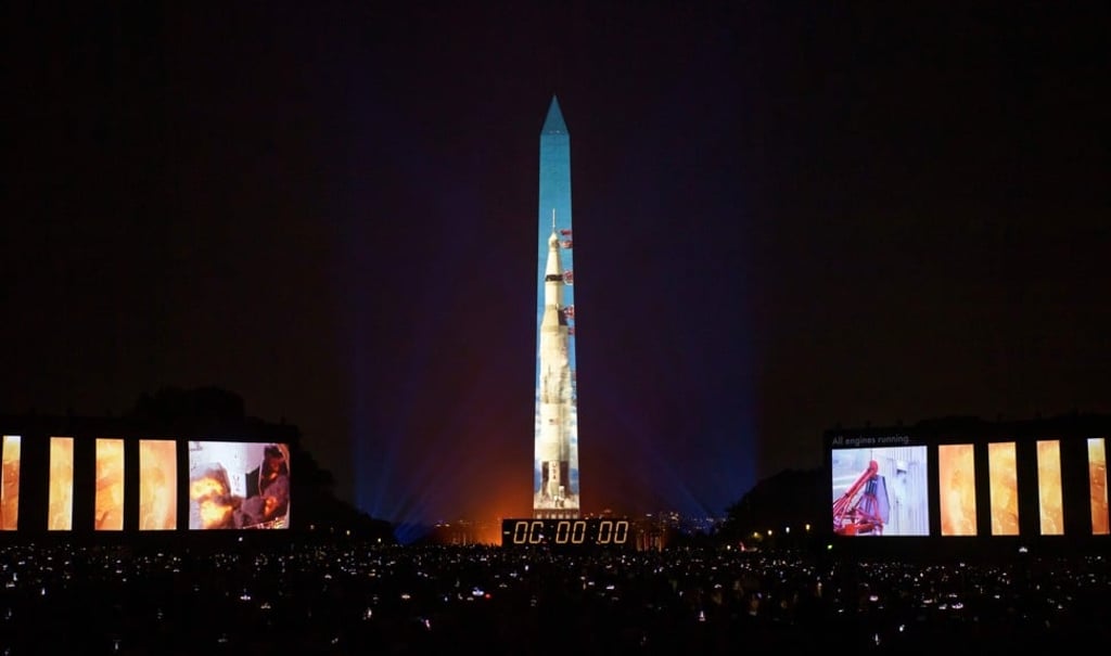The 50-year anniversary of the Apollo 11 mission was celebrated with full-motion projection-mapping artwork on the Washington Monument. Photo: Nasa