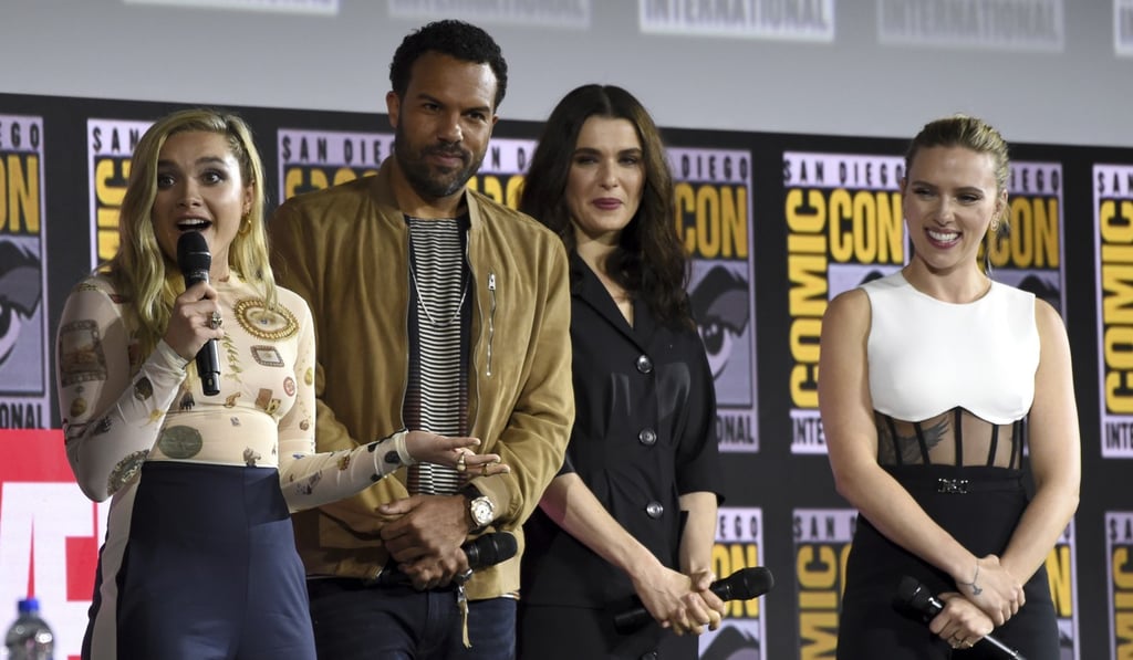 From left: Florence Pugh, O.T. Fagbenle, Rachel Weisz and Scarlett Johansson talk about Black Widow at Comic-Con International. Photo: Chris Pizzello/Invision/AP