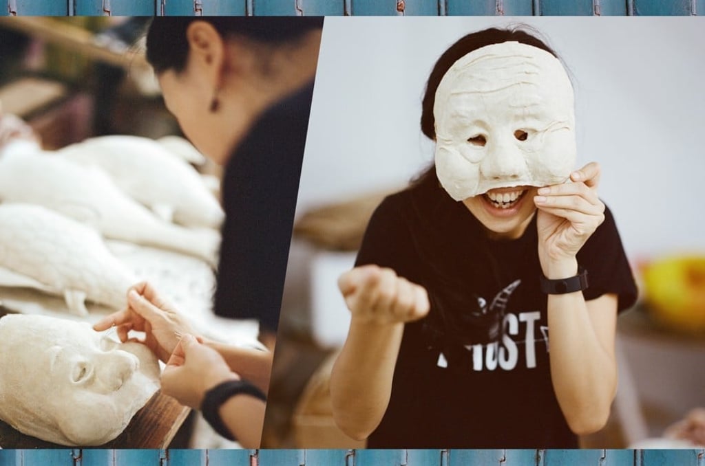 Lam Teng Teng, co-founder of art group Rolling Puppet in Macao, preparing masks for performances. The group combines puppetry techniques with interactive media to put together humour-driven and critical shows. Photo: Abdela Igmirien
