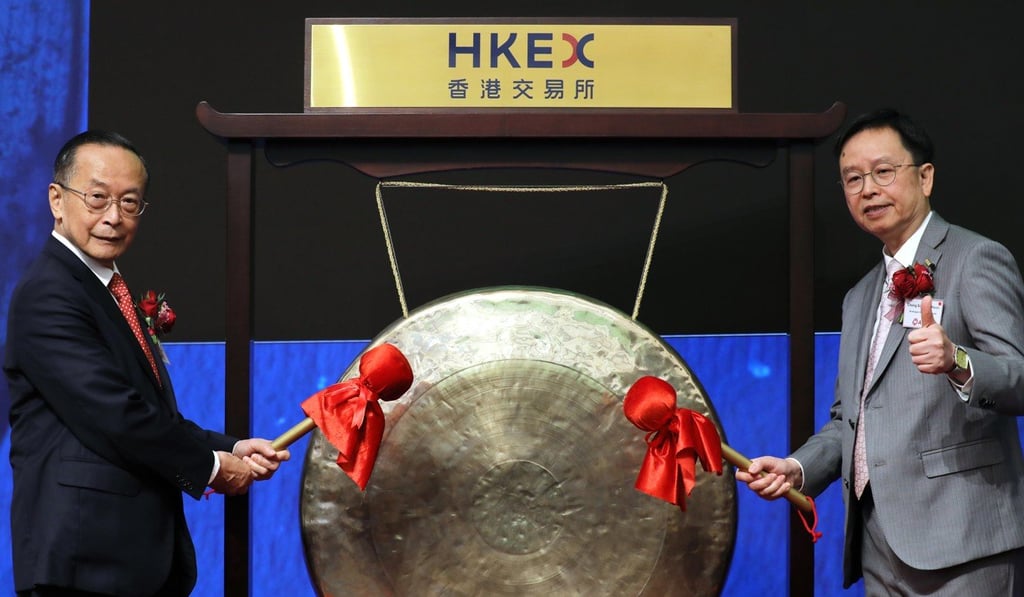 Analogue Holdings founder Otto Poon (left) and Kevin Cheng (right) attend the companies’ listing ceremony at the Hong Kong stock exchange. Photo: Dickson Lee
