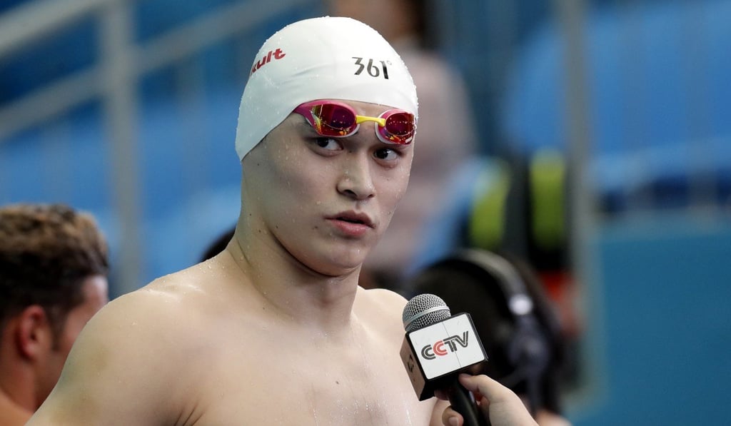 China’s Sun Yang is interviewed following his 800m freestyle heat on Tuesday. Photo: AP China’s Sun Yang is interviewed following his 800m freestyle heat on Tuesday. Photo: AP